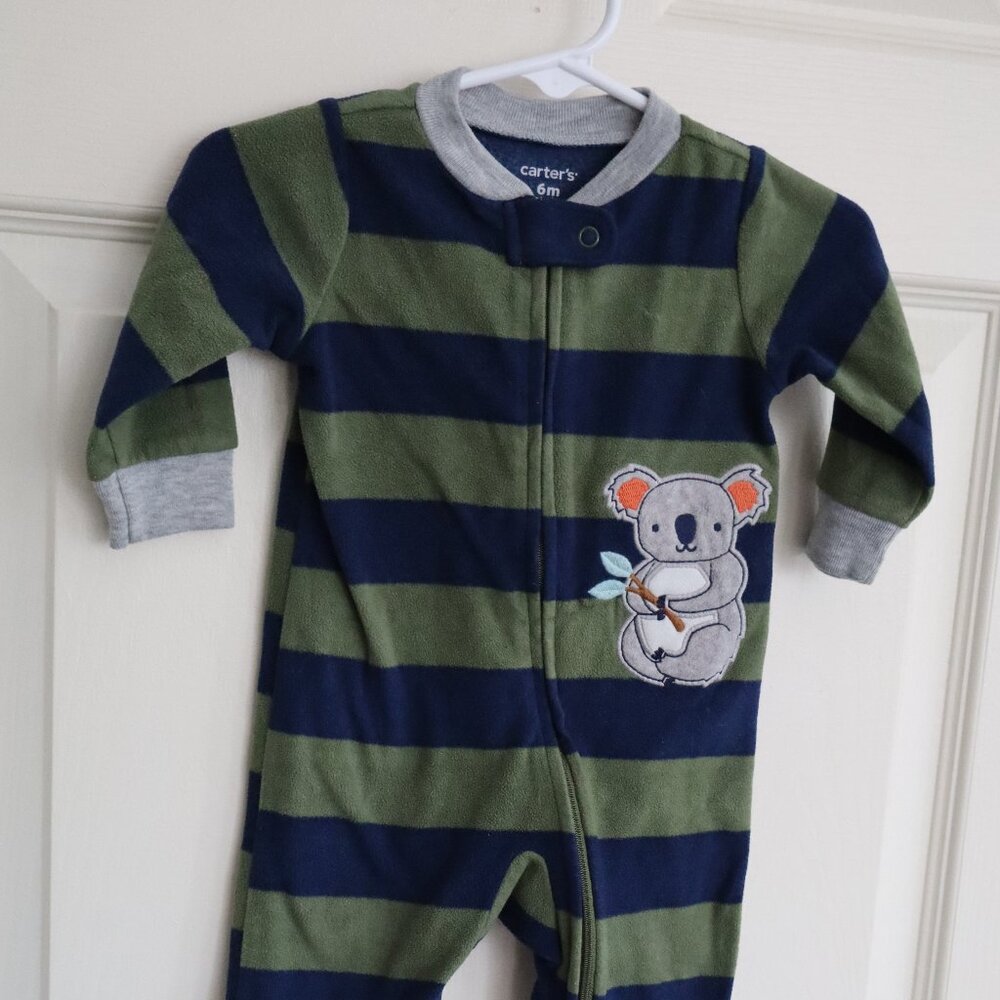 Carter's Fleece Sleeper. Green and Blue stripes with Koala 6m jungle